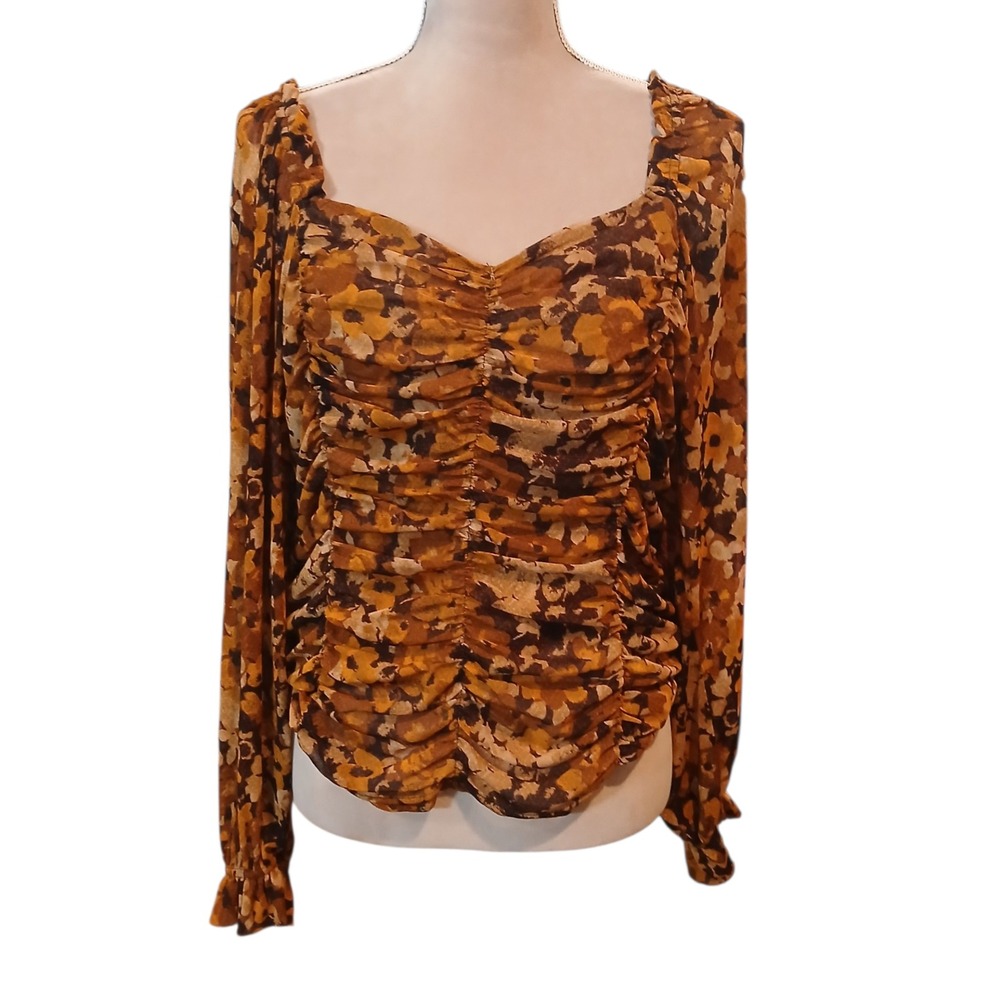 Floral Mesh XL Ruched Long Sleeve Top Sweetheart Neckline Fairy Grunge Womens